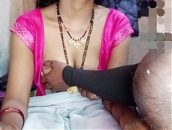 Hot Indian aunty pressed her big tits and got great pleasure by massaging her step sons penis